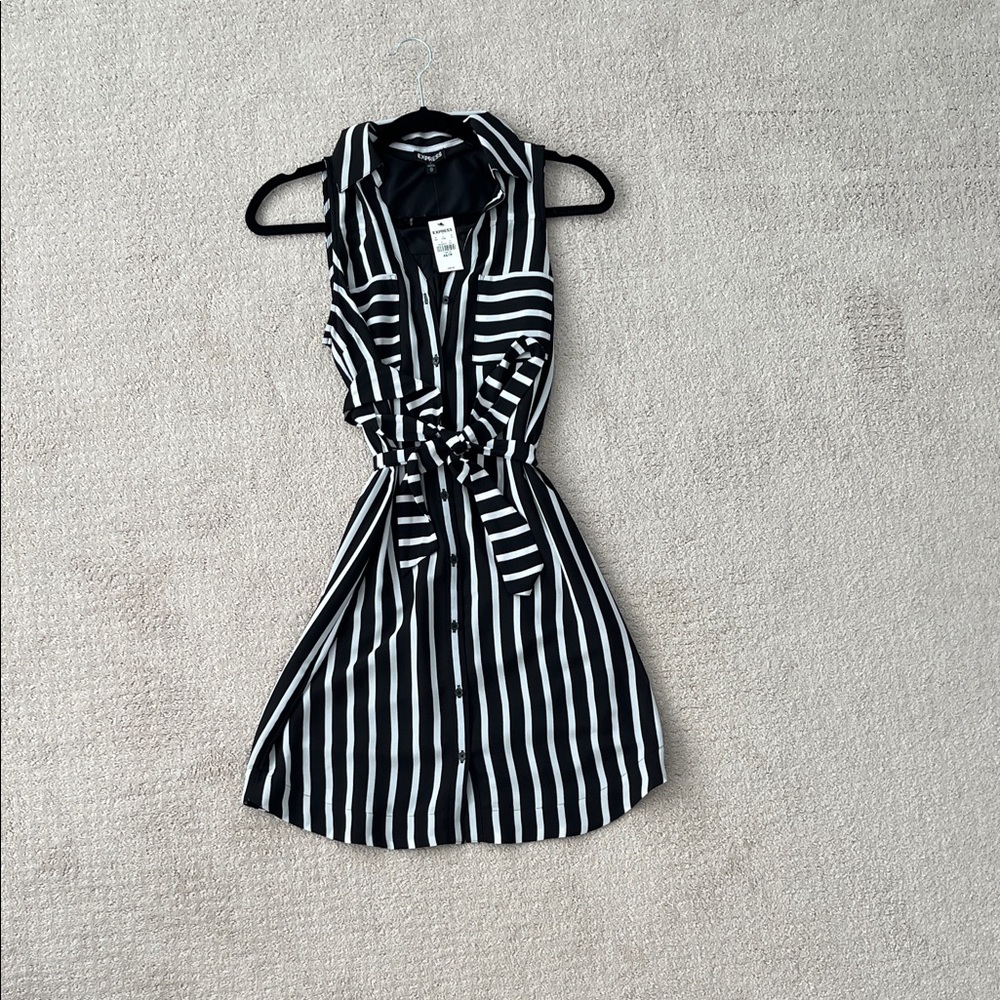 Express Black and White Vertical Striped Midi Shirt Dress